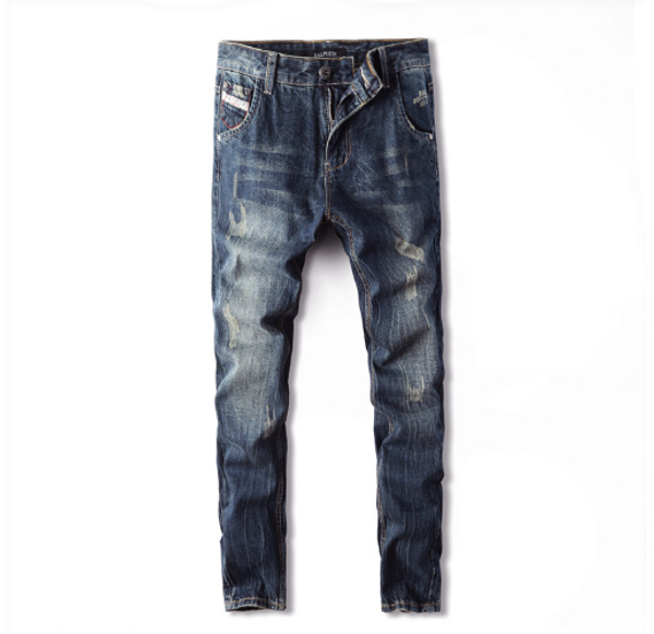 

cross border special for fashion worn jeans retro design nostalgic wash dark blue straight tube worn jeans pants men