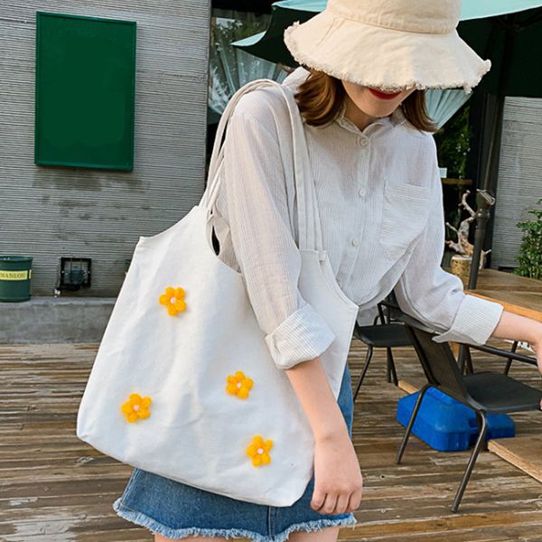 

soft ladies canvas bags daisy printing shoulder bag large capacity women shopper handbags work travel casual tote