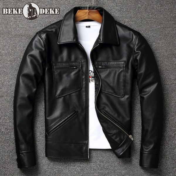 

mens genuine leather short jackets slim fit motorcycle wear coat vintage pockets lapel zipper plus size 5xl male cowhide jacket, Black