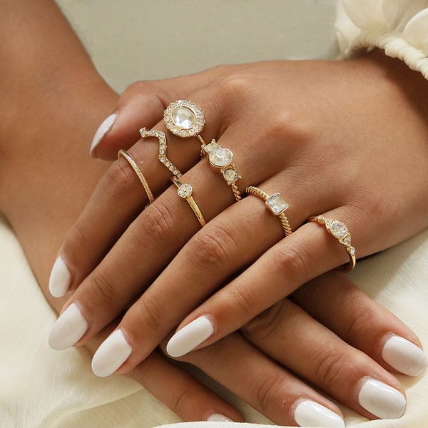 

7 pcs/set classic women gem ring simple metal gold color rhinestone knuckle joint finger rings set for girls party gifts jewelry, Slivery;golden
