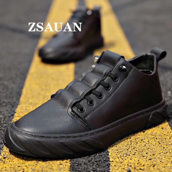 

zsauan summer campus style round toe leather sneakers men shoes young people student daily casual shoes black 4cm elevator