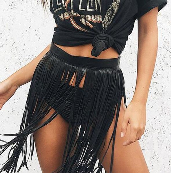 

boho искусственная кожа юбки женщины с короткими бахромой кисточкой юбка с высокой талией пояса club party юбка для женщин черные летние юбк, Black
