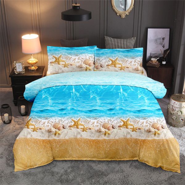 3d Beach Bedding Sets With Pillowcase Polyester Printed Bed Linen