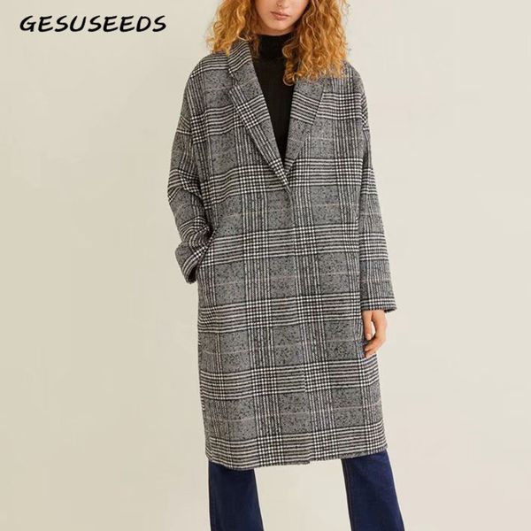 

autumn winter plus size coat women wool plaid houndstooth coats korean jackets woolen long ladies female vintage coats tweed, Black