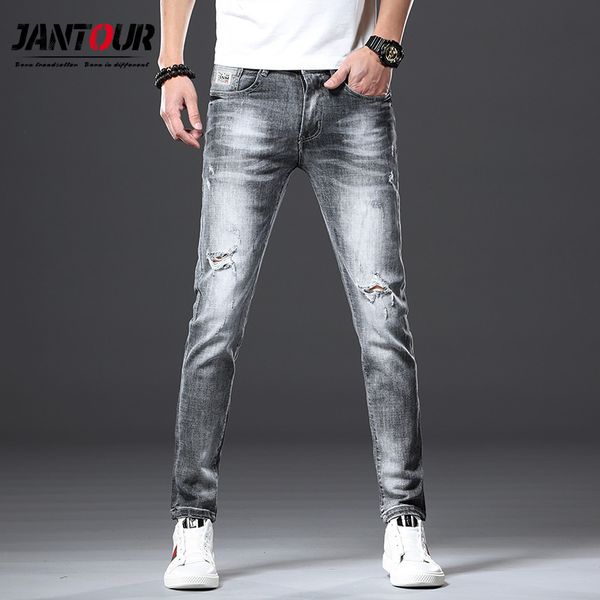 

jantour european style men print light gary slim jeans fashion washestoned man causal street club personal quality jean male, Blue