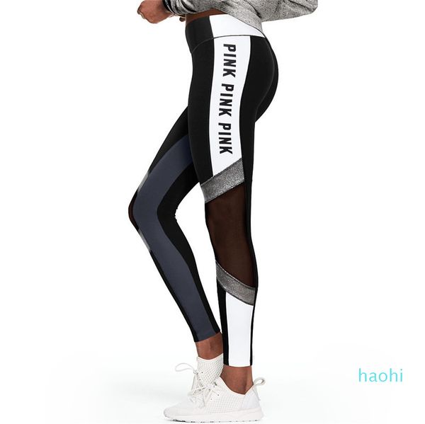 

fashion-women sports leggings fitness running yoga pants gym trousers letters printed net yarn stitching sport yoga pants quick dry, White;red