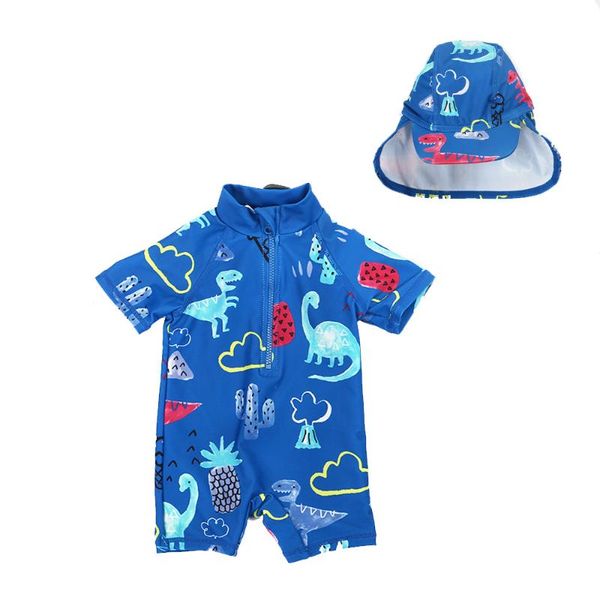 

2020 new boy swimsuit dinosaur printed one-piece hooded swimsuit male baby safety quick-drying diving suit