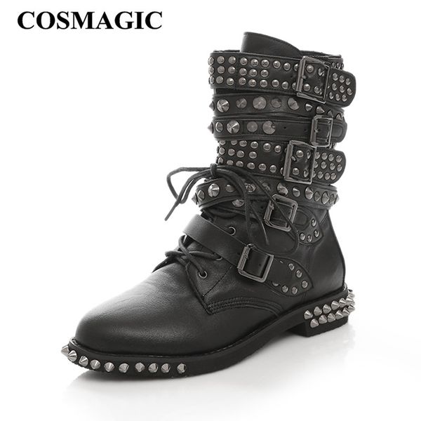 

cosmagic 2019 new leather rivet buckle women motorcycle boots winter lace up gothic punk round toe platform short boots shoes, Black