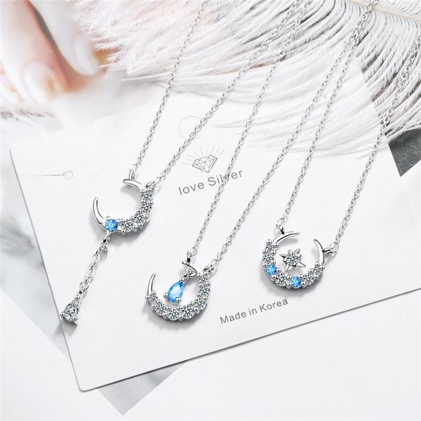 

sole memory star moon tassel pendant blue crystal 925 sterling silver clavicle chain female necklace sne416