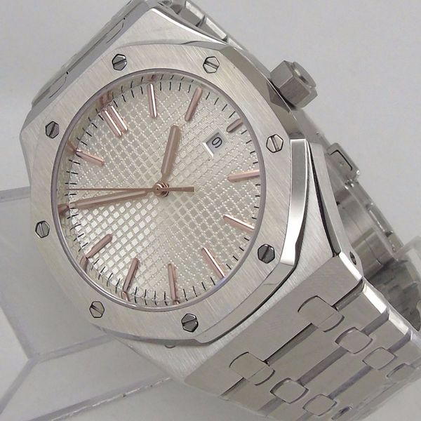 

classic simple 42mm white sterile dial automatic men's watch octagon watch case auto date miyota movement stainless steel strap, Slivery;brown