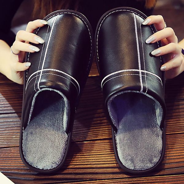 

big size 45/46 slippers leather indoor shoes men short plush slippers flat warm 2019 new winter men home shoes, Black