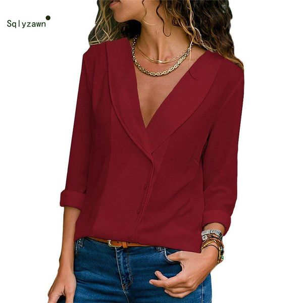 

2019 korean womens and blouses v-neck solid chiffon shirts ladies fashion long sleeve clothing plus size, White