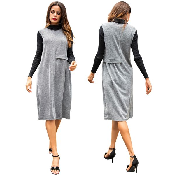 

2019 color collision dress high collar long sleeves sleeve head knitting bottoming sweater skirt, Red;white