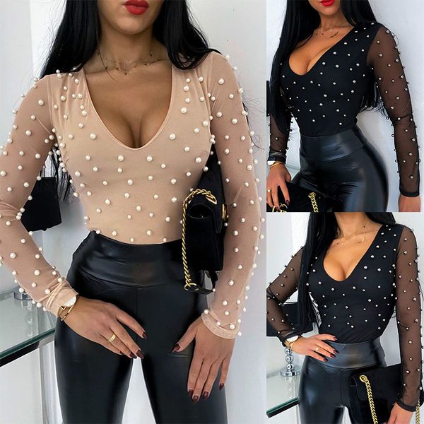 

women's blouses & shirts fashion beading mesh see through low cut skinny long sleeve women blouse and shirt, White