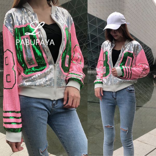 Hello528shop Kurze Jacken für Damen – Neue modische Mädchen-Pailletten, rosa Langarmshirt, Nummer 08, Hip-Hop-Stil