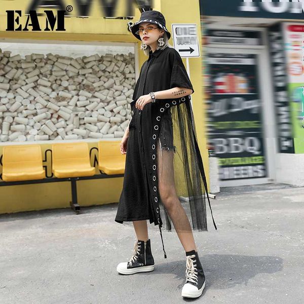 

eam] 2020 new spring summer lapel short sleeveblack side mesh stitch loose personality shirt dress women fashion tide ju858, Black;gray