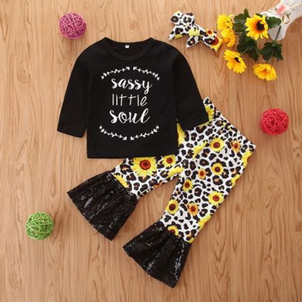 

2019 baby girl fall clothes girls boutique outfits infant sunflower headband + letter tshirt + sequin flared pants leopard kids clothing set, White