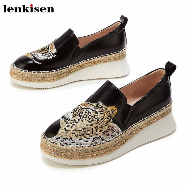 

lenkisen high fashion animal embroidered genuine leather round toe high heel thick bottom slip on loafers women spring shoes l05, Black