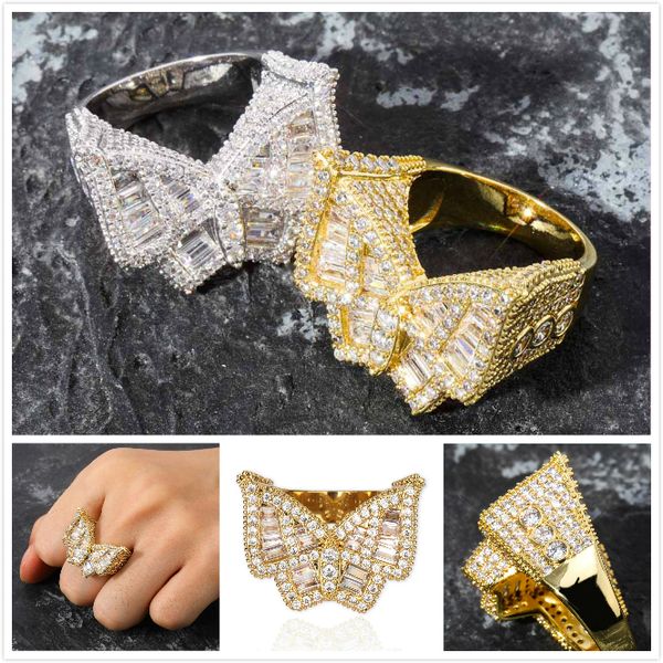 

Роскошный Дизайнер Белое Золото Blingbling Diamond Мужчины Замороженные Бабочка Палец Ко