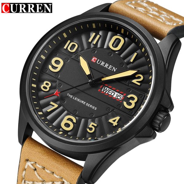

curren luxury quartz watch men sport business watch gift men leather strap waterproof slim watches relojes de hombre #8, Slivery;brown