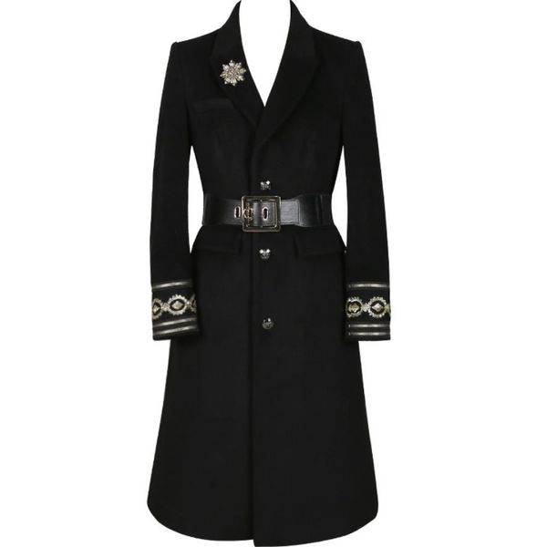 

women's wool & blends long woolen coat female belt embroidered slim women, Black