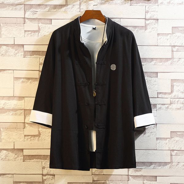 

men's stylish men's brand jacket seven-minute sleeves new chinese style gonfu 80s cotton linen disc button down summer clothes, Black;brown