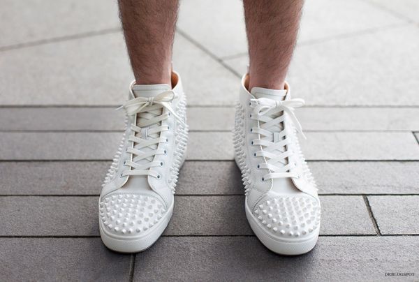 

классические черные белые шипованные кроссовки для женщин, для мужчин квартиры red bottom homme шипы обувь, замша / кожа hight top инструкто, Black