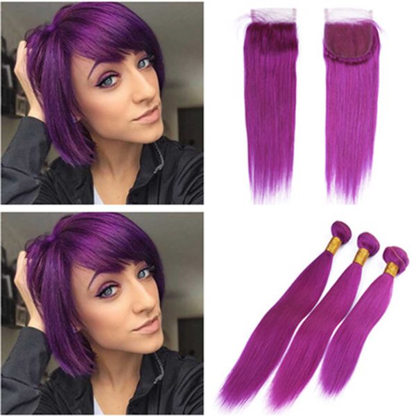 Fasci di capelli umani peruviani puri viola con chiusura superiore Capelli lisci vergini di colore viola con chiusura in pizzo 4x4 Pezzo 4 pezzi / lotto