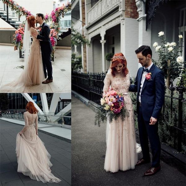 

champagne crystal wedding dresses 3/4 sleeve bohemia long modest country beads sequined bridal gowns vintage 1950s wedding dress, White
