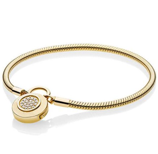 

аутентичные 925 логотип signature замок smooth ювелирных изделий стерлингового серебра браслет цвета золота змея браслет fit шарма шарика di, Black