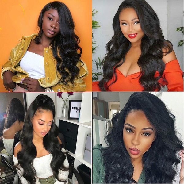 

13x4 glueless фронта шнурка человеческих волос парики объемная волна pre сорванные с ребенком волос кутикулы выравниванием девственницы браз, Black