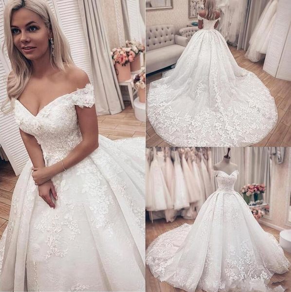 

2020 ball gown wedding dresses off the shoulder lace appliques formal church bridal gown puffy long skirt arabic vestidos al3157, White