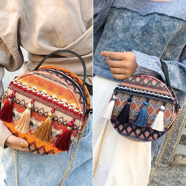 

women ins super fire national wind portable chain small round bag tassel packet crossbody bag in buckets for summer