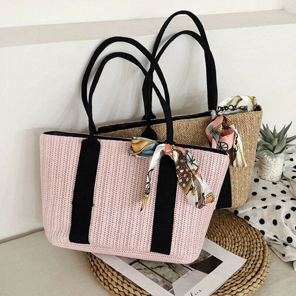 

2019 brand new women straw bag retro rattan handbag ribbons woven summer beach shoulder bags tote bag bolsa feminina
