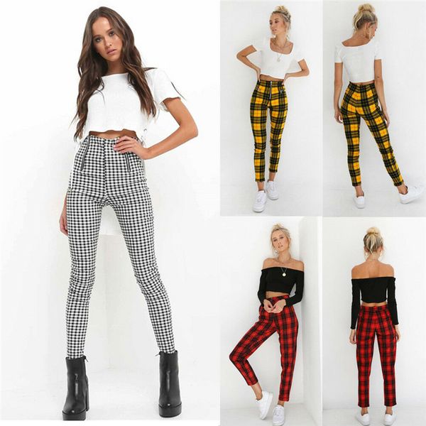 

women skinny pant high waist skinny stretch zipper pants street style capris plaid fashion pants, Black;white