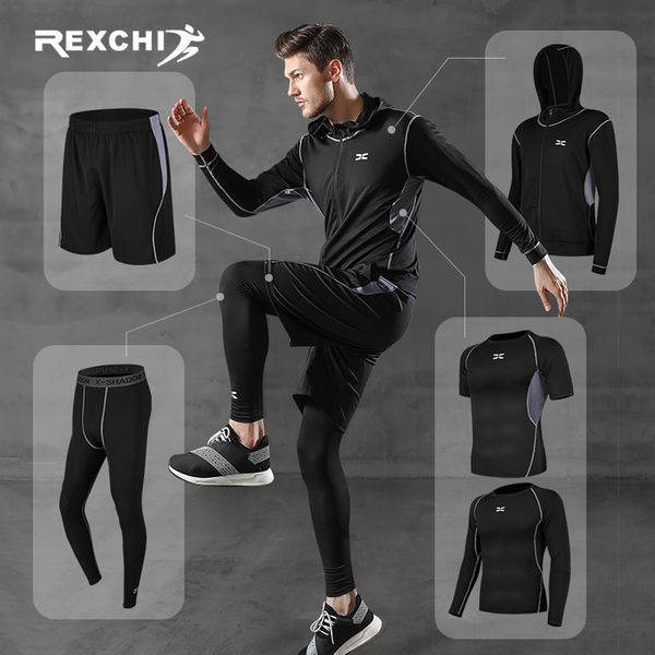 

rexchi 5 pcs/set men's tracksuit gym fitness compression sports suit clothes running jogging sport wear exercise workout tights, Black;blue