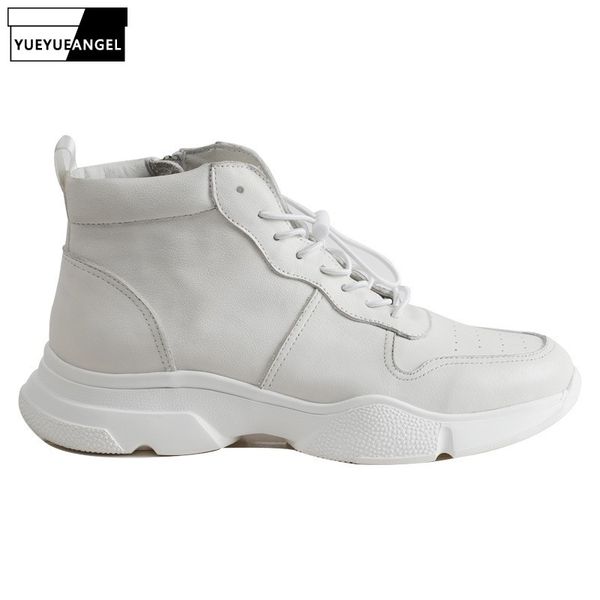 

2019 brand korean fashion genuine leather boots shoes men real leather white black casual sneakers lace up zipper ankle boots