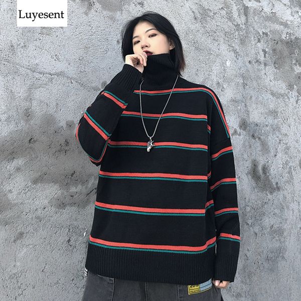 

turtleneck striped punk pullover sweater 2019 women man cool oversize knitted autumn winter warm jumpers loose sweter, White;black