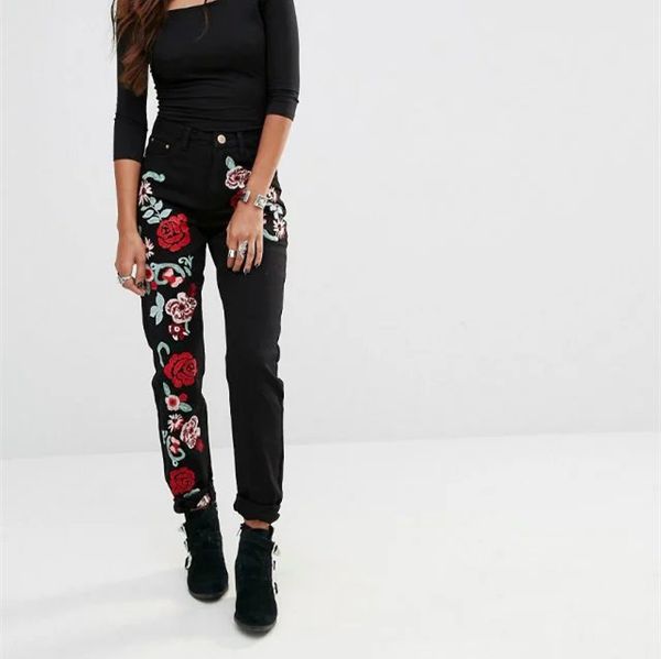 

мода вышивка цветочный узор длинные джинсы осень старинные женские джинсы длинные брюки прямые, Blue