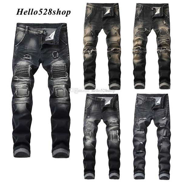 

hello528shop classic men's slim hole nostalgic jeans for men straight fit distressed ripped bike trousers full length, Blue