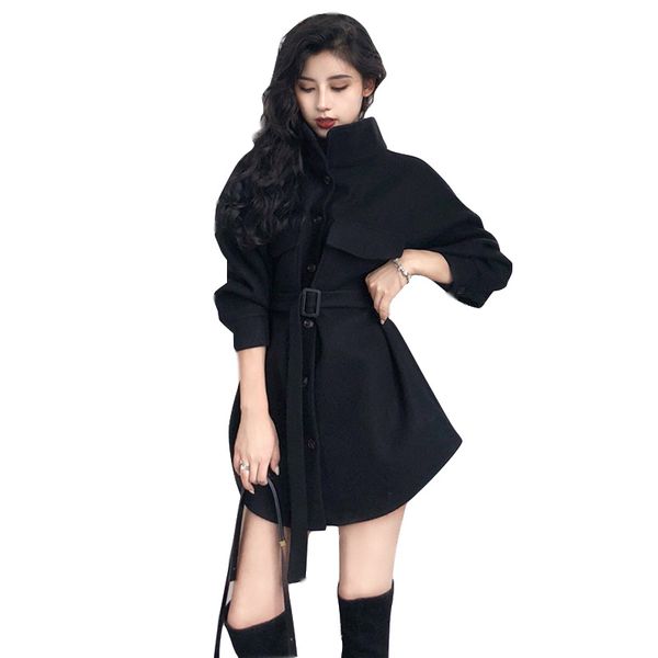 

зимнее пальто женщин шерстяное пальто новая зима французско-стиль casual плюс хлопок шерстяной шнуровка мыса, Black