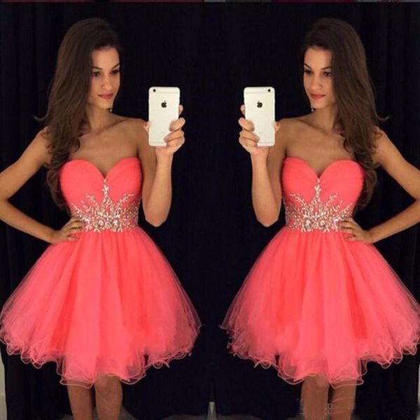 

Cheap Stylish Short Homecoming Dresses For Juniors 2018 Crystals Beaded Sash Ruffle Tulle A Line Sweetheart Sleeveless Mini Prom Party Gowns