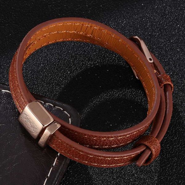 

new couple jewelry brown leather bracelet for women men golden / rose gold alloy buckle wrap bracelets length adjustable sp0668, Golden;silver