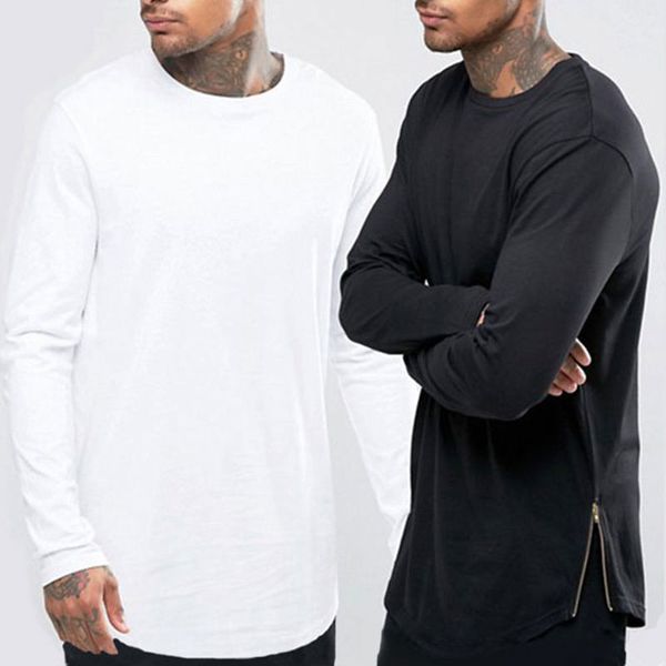 

new hip hop mens basic t shirt longline zipper designer long sleeve o-neck solid t shirts men's curve hem side zip tee, White;black