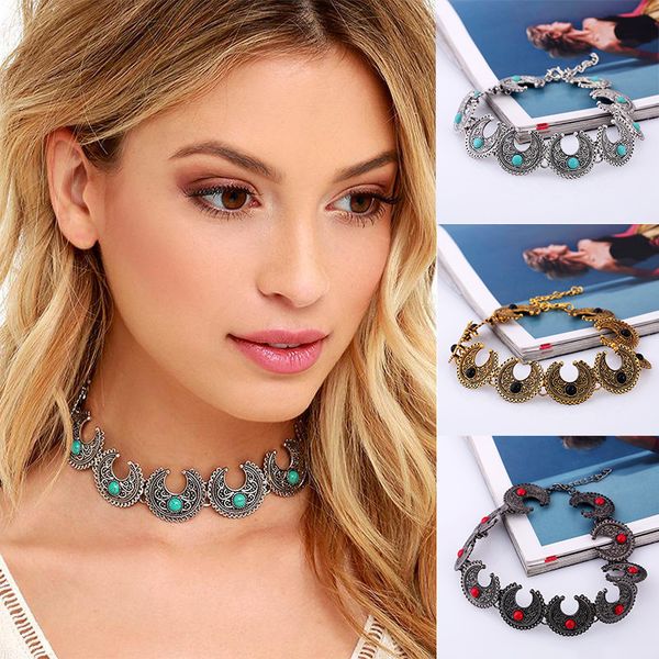 

bohemia moon shape blue stone choker statement necklace women 3 colors zinc alloy clavicle collar trendy collares collier, Silver