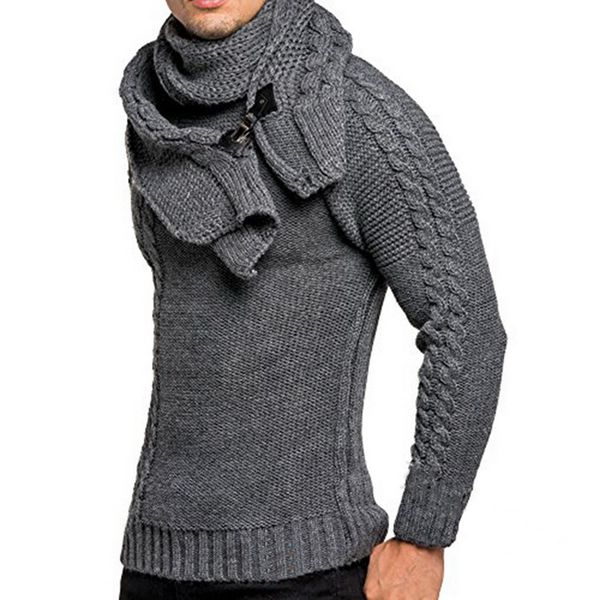 

2019 men's winter neck pullover sweaters autumn warm slim fit long sleeve cable knitwear with scarf men casual sweaters s-3xl, White;black