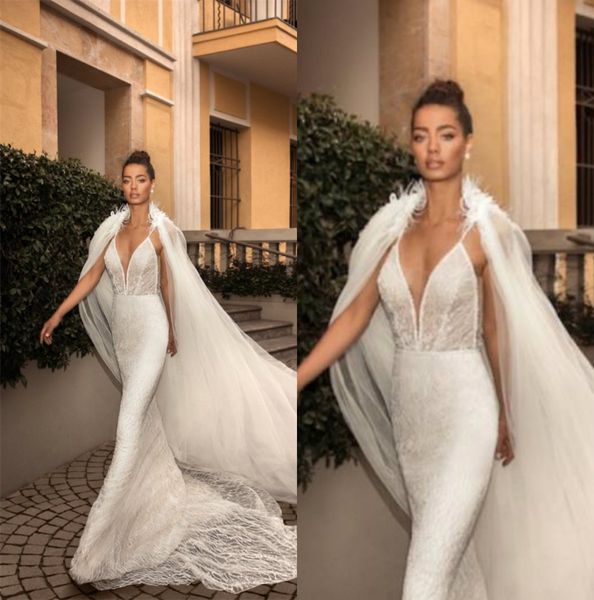 Elihav Sasson 2019 Sereia Vestidos De Noiva Com Penas Cape Spaghetti Lace Vestidos De Noiva vestido de novia Vestidos De Casamento Da Princesa Barato