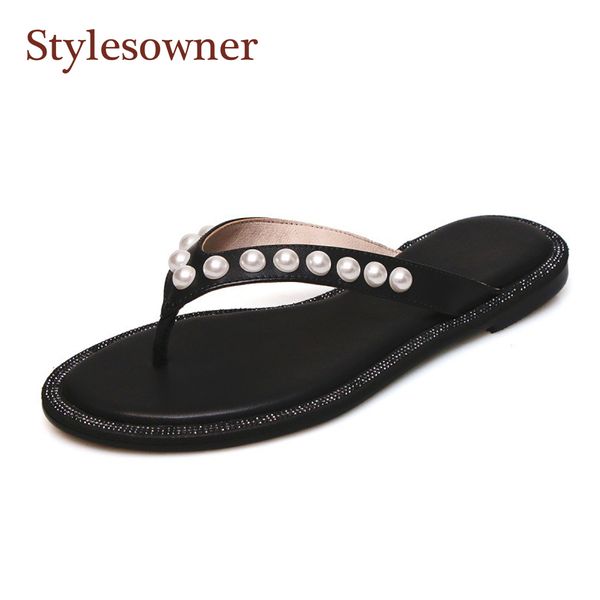 

stylesowner pearl leather flip flop for women casual female outdoor slip on thong cool slides shoe flat with lazy muler, Black