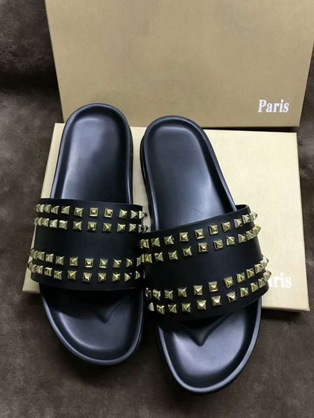 

men slippers red bottoms luxury designer spikes ladie beach slipper tide male home slippers non-slip leather mens casual shoes with box, Black