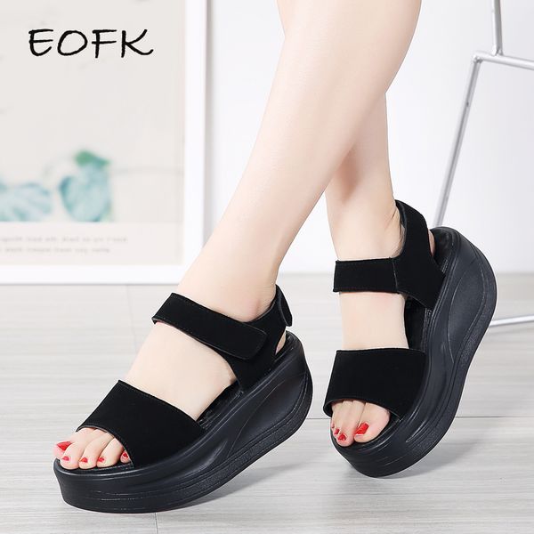

eofk women sandals platform flat casual shoes summer 2019 sandals leather genuine high flat platform shoes concise woman, Black